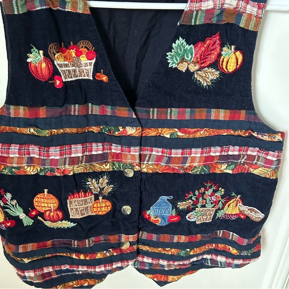 Vintage Patchwork Autumn Button Vest Medium M Apples Pumpkins Fall - Picture 4 of 7